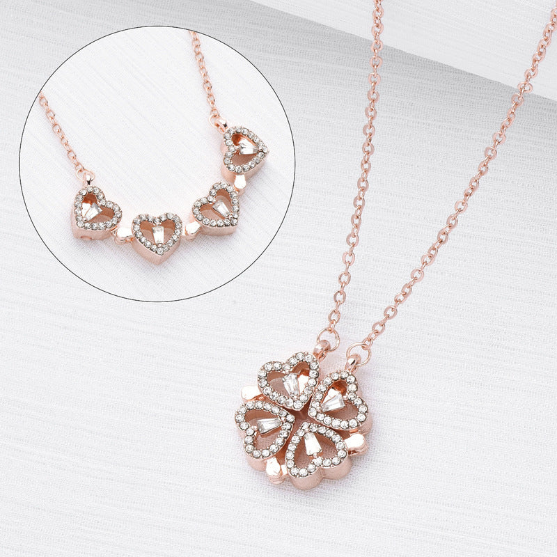 Retro Magnetic Folding Heart Shaped Four Leaf Clover Pendant Necklace Women