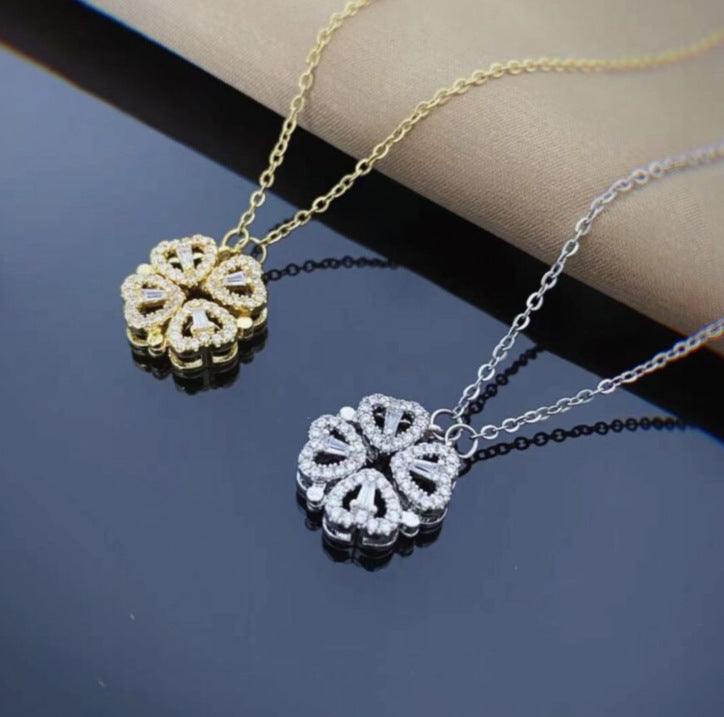 Retro Magnetic Folding Heart Shaped Four Leaf Clover Pendant Necklace Women