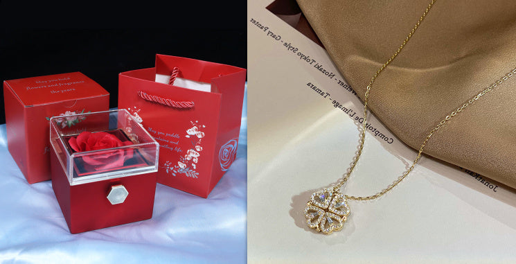 Retro Magnetic Folding Heart Shaped Four Leaf Clover Pendant Necklace Women